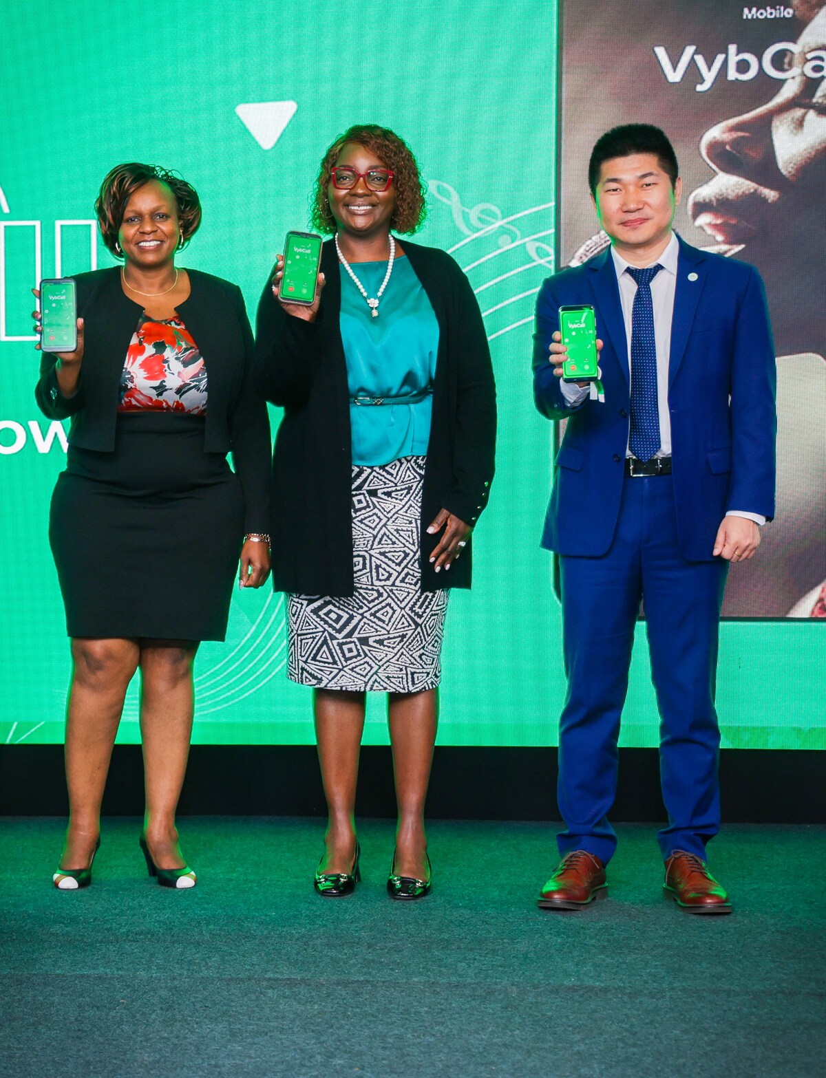From left Pauline Kieleko Tribe Lead Digital Services, Safaricom Plc, Lucille Aveva Customer Obsession Director, Safaricom Plc and Wang Xusheng Solutions Director, Huawei Kenya pose for a picture during the launch of VybCall, Kenya’s first Video Ring Back Tone at Michael Joseph Centre Nairobi.