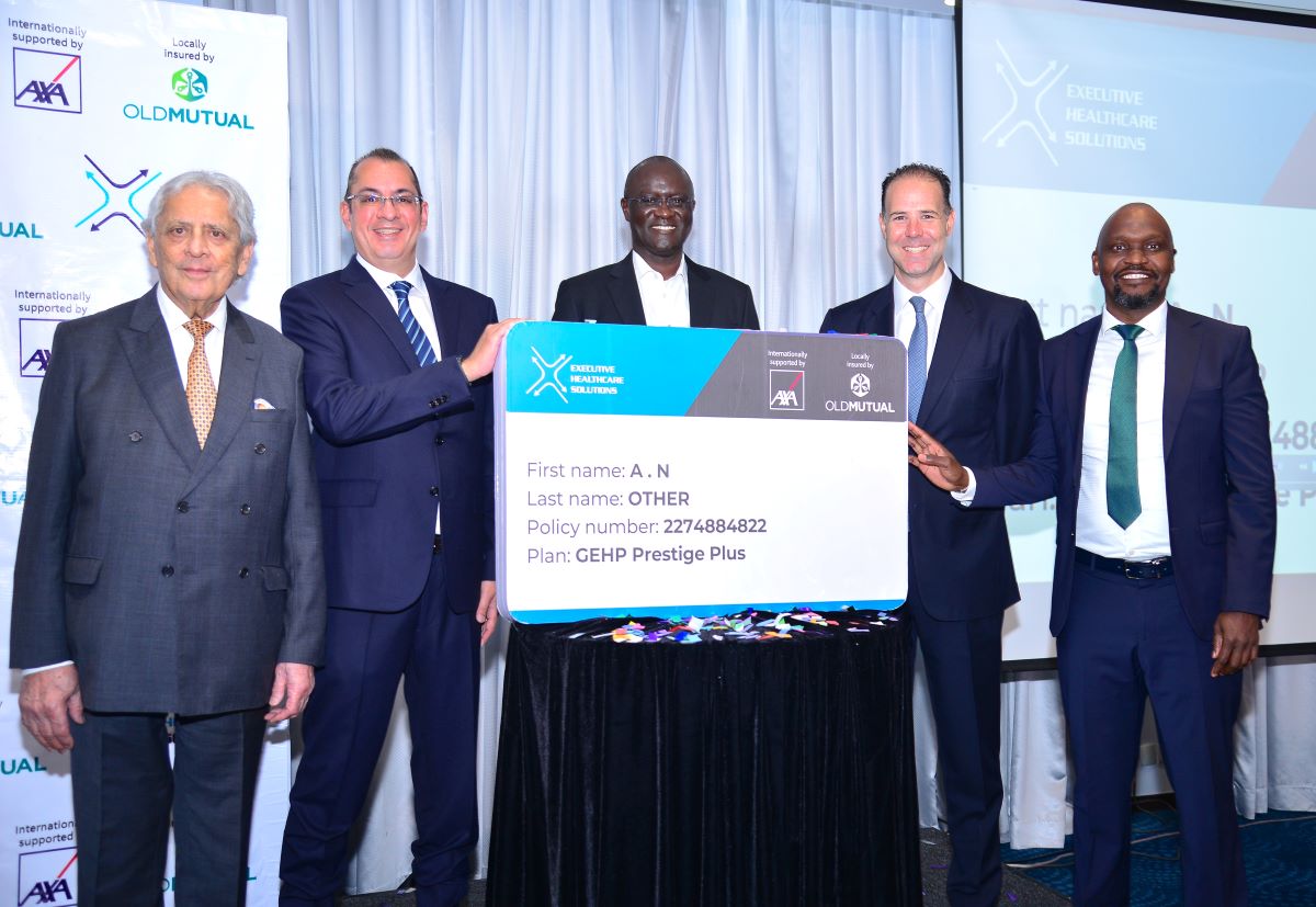 Launch of the Executive Global Health Plan: M.I.C Global Risk & Executive Healthcare Solutions Chairman Shiraz Maherali, Executive Healthcare Solutions CEO Aly Maherali, Old Mutual Group CEO Arthur Oginga, AXA Global Healthcare Chief Growth Officer Karim Idilby, and Old Mutual General Insurance Managing Director Japheth Ogalloh during the launch of the Executive Global Health Plan, a partnership redefining premium healthcare access through globally supported and locally delivered solutions.