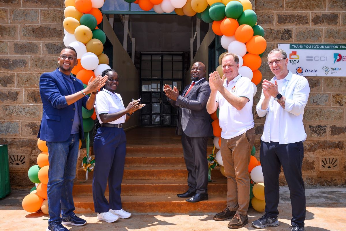 (L-R) Robin Njuno, Managing Executive, Learning & Development, CCI Global; Linda Nyaseda, Head of City Management and DCC, Tatu City; John Kiria, Director ICT, E-commerce and entrepreneurship division, State Department for ICT and digital economy; Preston Mendenhall, Group COO Rendeavour and Kenya Country Head; and Christopher Chance, Senior Vice President East Africa, CCI Global, during the launch of Tatu City’s after-school AI programme.