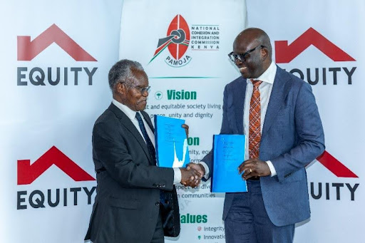 National Cohesion and Integration Commission (NCIC) Chairman Rev. Dr. Samuel Kobia and Equity Bank Kenya Managing Director Moses Nyabanda exchange the Memorandum of Understanding after signing an agreement aimed at promoting peace, social cohesion and inclusive development across Kenya