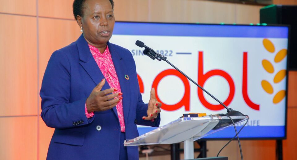 EABL Group CEO & MD, Jane Karuku makes her remarks during the bell ringing ceremony for the new Medium-Term Note at Nairobi Securities Exchange