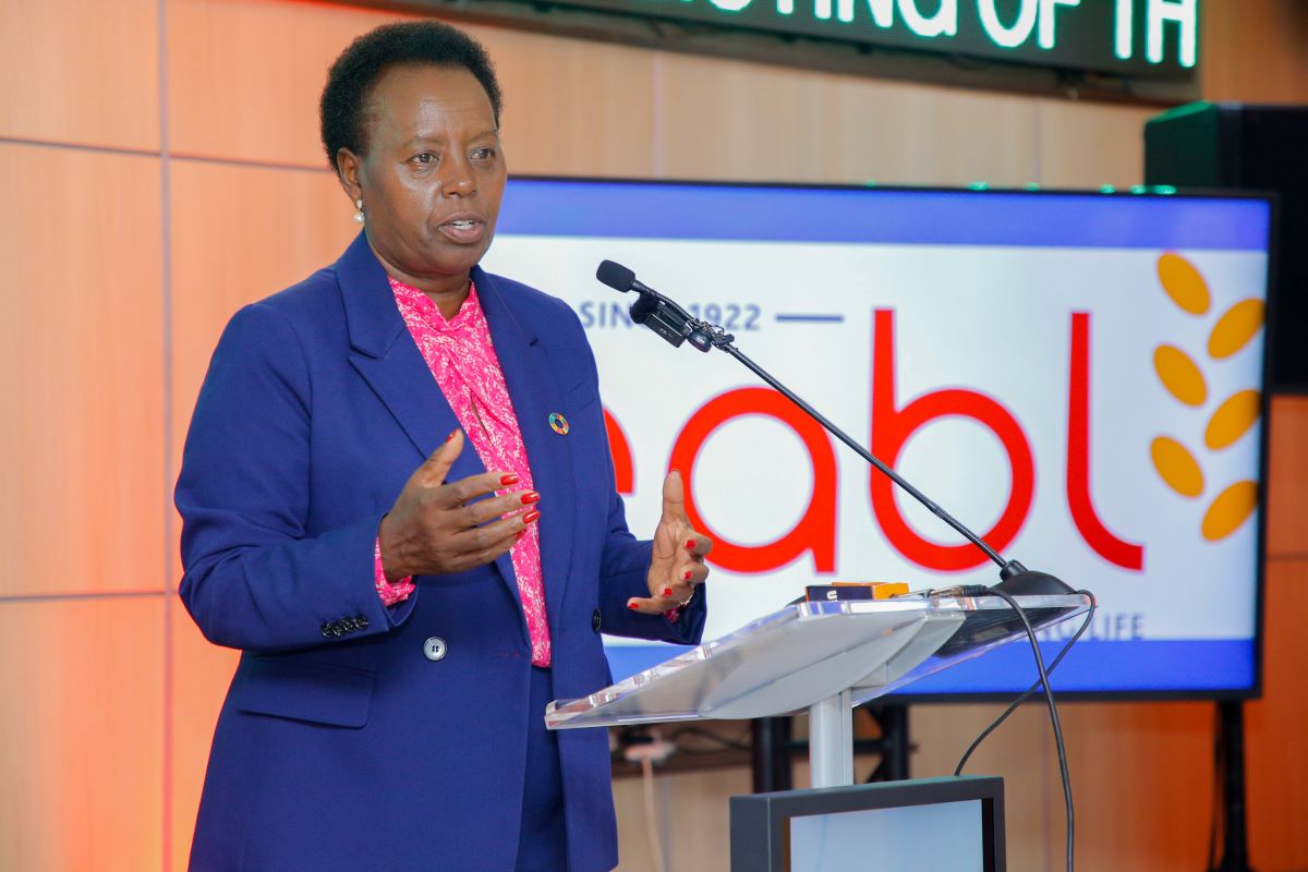 EABL Group CEO & MD, Jane Karuku makes her remarks during the bell ringing ceremony for the new Medium-Term Note at Nairobi Securities Exchange