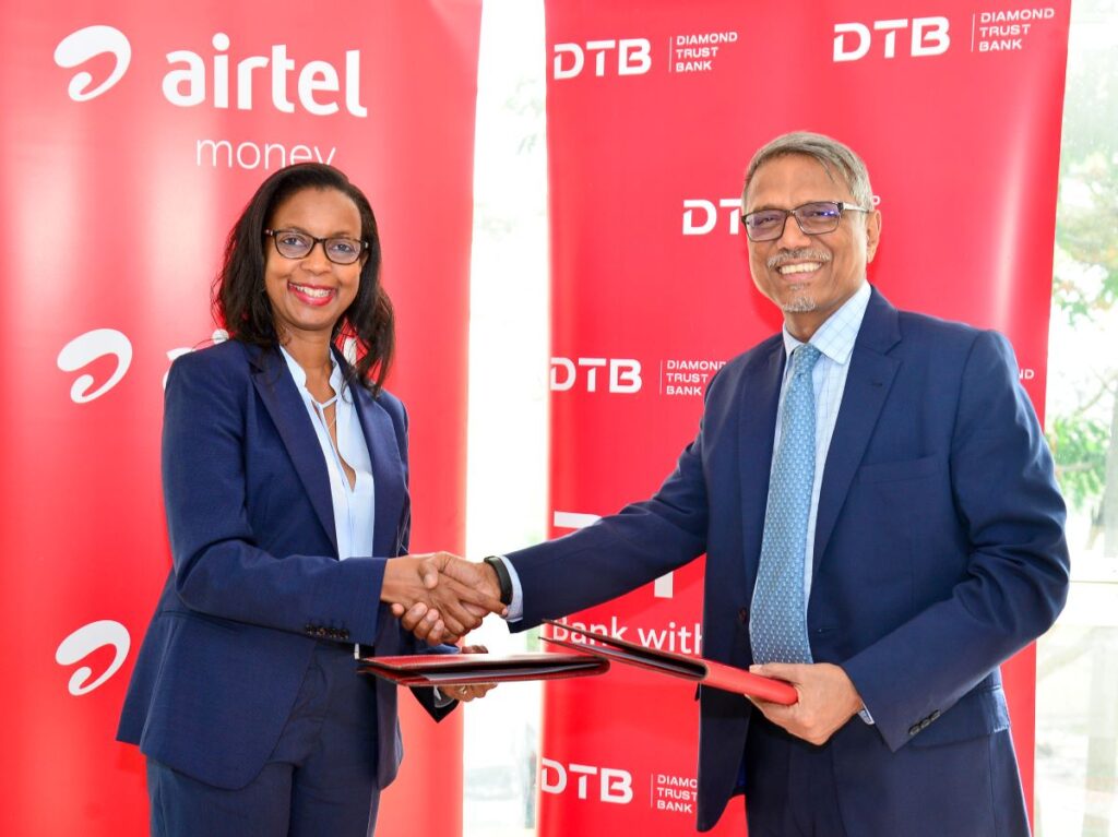 Airtel Money Kenya Managing Director, Anne Kinuthia-Otieno with George Otiende, Director, Retail Banking at DTB