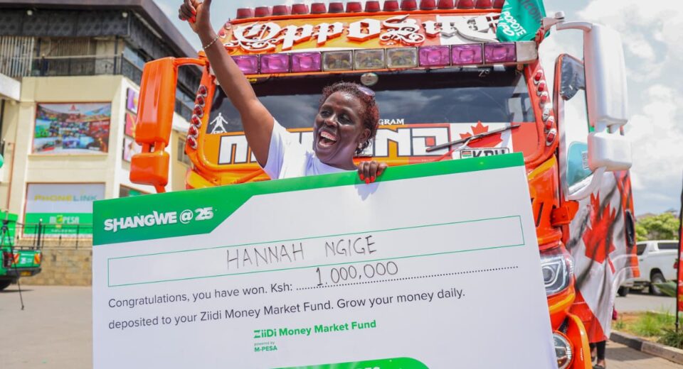 Hannah Ngige, one of the KSh 1 million winners in the Shangwe @25 consumer promotion, poses for a photo during the award ceremony held at Greenspan Mall in Nairobi.