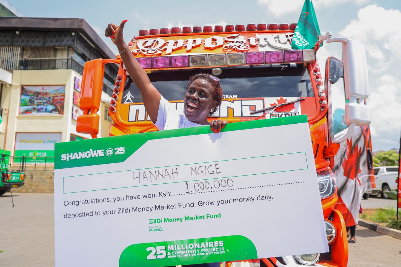 Hannah Ngige, one of the KSh 1 million winners in the Shangwe @25 consumer promotion, poses for a photo during the award ceremony held at Greenspan Mall in Nairobi.
