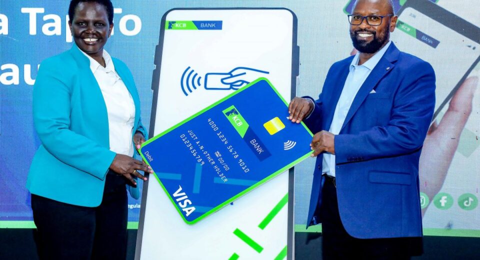 From left - KCB Bank Kenya Director of Retail Banking, Jane Isiaho and Visa Country Manager and Senior Business Development Leader for Kenya, South Sudan and Somalia, John Njoroge during the launch of Tap-To-Phone solution which will enable business owners to accept card payments directly on their Near-Field Communications (NFC) enabled Android smartphones without the need for a traditional point-of-sale (POS) machine.