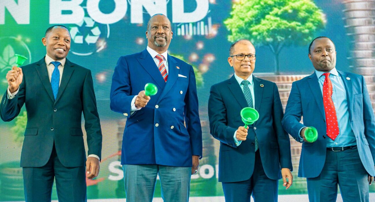 David Warutere, Director, Market Operations, Capital Markets Authority, Kiprono Kittony, Chairman, Nairobi Securities Exchange, Dilip Pal, Group Chief Finance Officer, Safaricom PLC and Frank Mwiti, Chief Executive Officer, Nairobi Securities Exchange, during the Safaricom Green Bond NSE bell-ringing ceremony at the Nairobi Securities Exchange offices, signaling a major step forward in sustainable finance and capital markets growth.