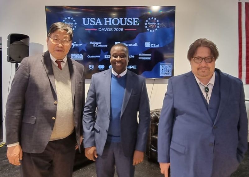 SCC Fund SP Fund CEO Dr Yutaka Niihara with Nairobi International Financial Centre Authority CEO Mr Daniel Mainda and the Founder and Managing Partner of ChainBLX SPC Mr Karl Seelig at the USA House in Davos, Switz