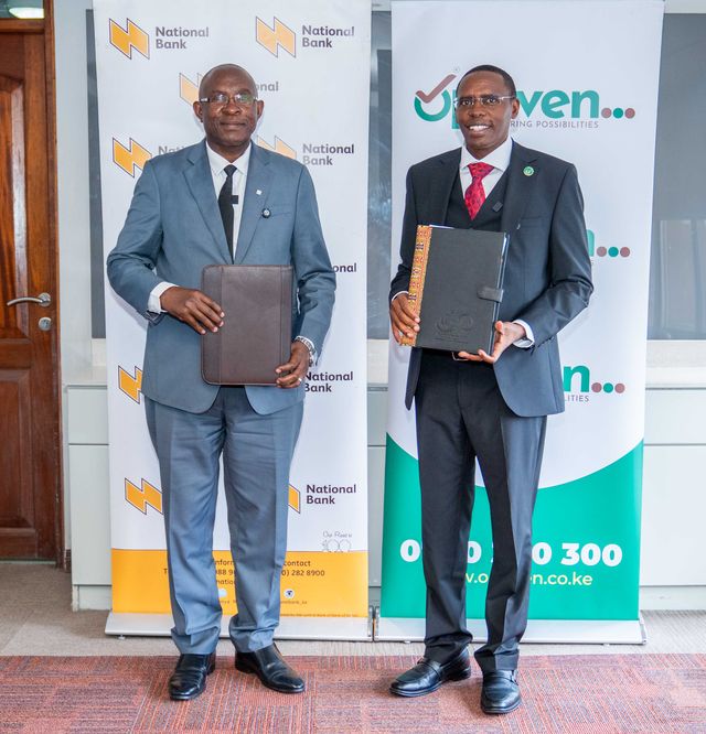George Odhiambo , MD National BANK of Kenya(left) and George Wachiuri, CEO and Founder of Optiven Group