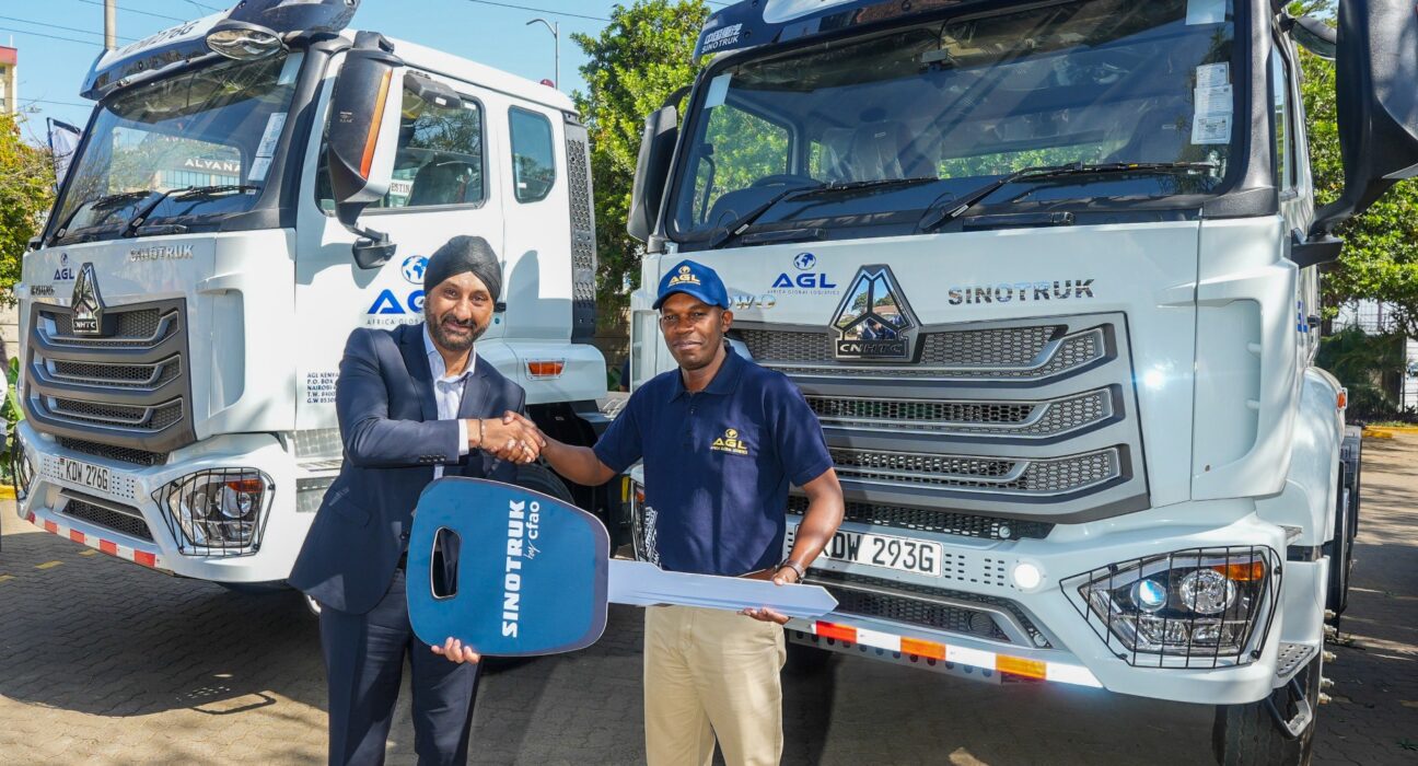 From Left - Managing Director, Africa Global Logistics Kenya, Martin Mwangi and CFAO Mobility Kenya, Managing Director, Arvinder Reel inside the cabin of one of the 32 new Sinotruks during the official handover ceremony.