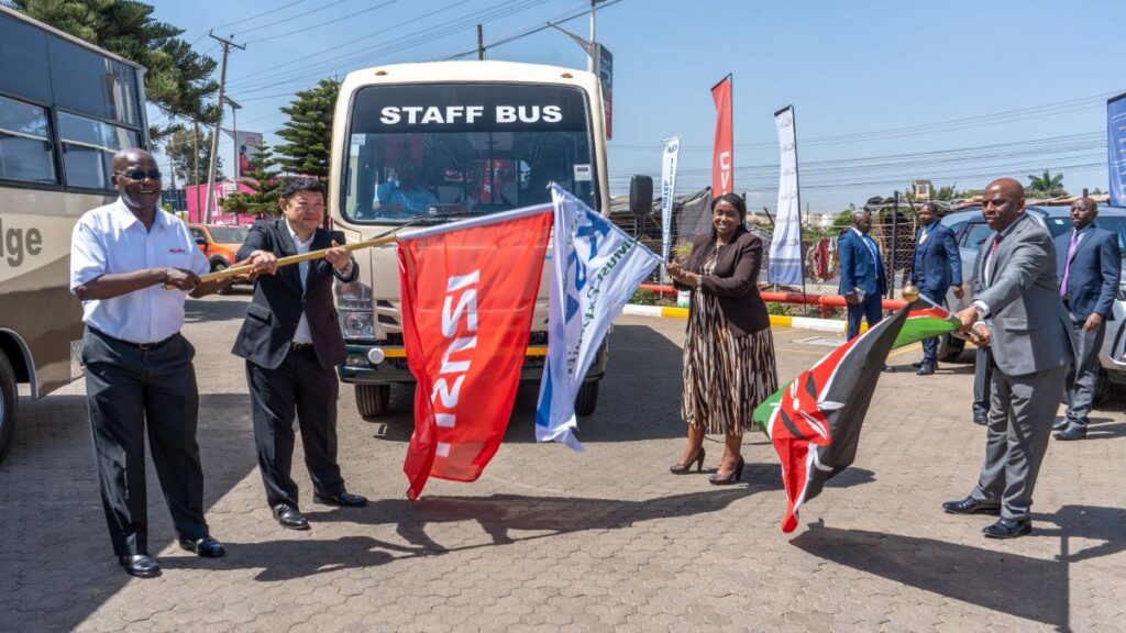 Dr. Fred Wasike, Isuzu EA Director HR & Corporate Sustainability,Isao Wada, Isuzu EA Deputy Managing Director, Ms Norah Ratemo, Director General, Kenya Development Cooperation and Shambi Aherman, Administrative Secretary in the Ministry of Tourism and Wildlife, flag off newly acquired buses at Isuzu EA, Nairobi. The new Isuzu buses will enhance service delivery and operational efficiency at Voi Safari Lodge in Tsavo East National Park and Ngulia Safari Lodge in Tsavo West National Park.