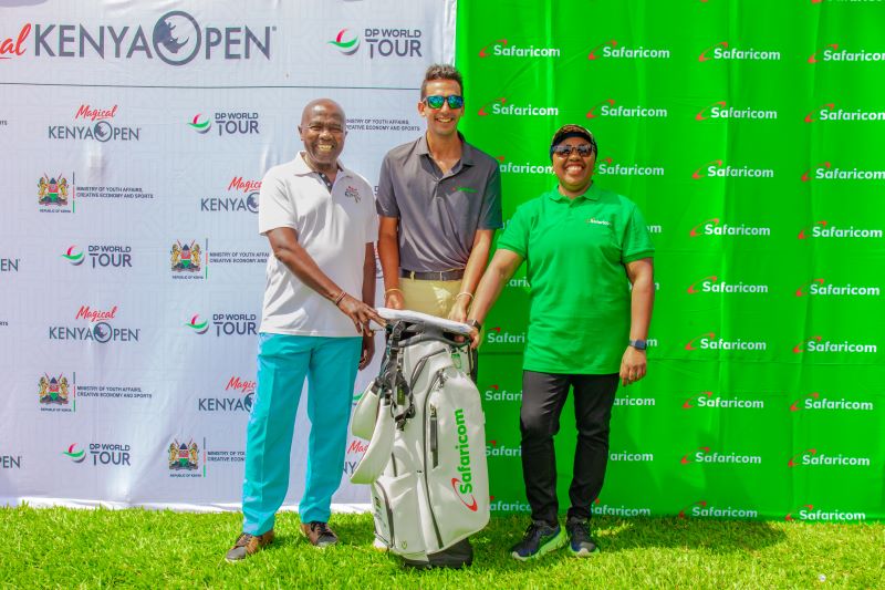 From left: Patrick Obath, Chairman of Kenya Open Golf; Mohit Mediratta, Safaricom-sponsored professional golfer; and Fawzia Ali, Chief Consumer Business Officer at Safaricom, during the presentation of a golf bag and kit to Mediratta at Karen Country Club.