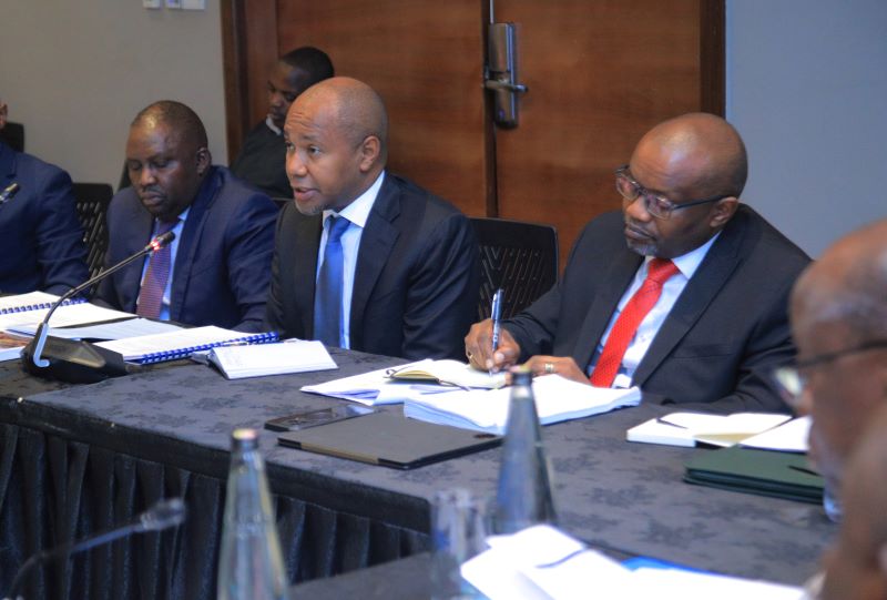 Gulf Energy Group CEO Paul Limoh (left) with Gulf Energy Chairman Francis Njogu and Country Manager Franklin Juma appearing at a Joint Parliamentary Committees of Energy meeting