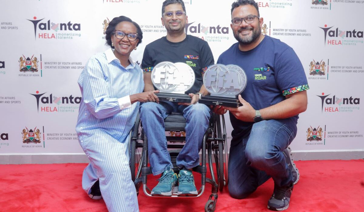 From Left: KCB Group Director Marketing and Communications Rosalind Gichuru, Nikhil Sachania, and Deep Patel during the official handover of the FIA ARC3 Title at the Talanta Plaza, Upperhill, Nairobi.