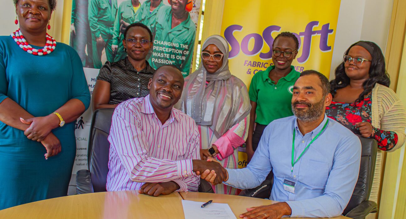 Peter Ndichu, Manufacturing Director HACO Industries (L) shaking hands with Mr. Keiran Smith, CEO Mr. Green Africa (R) after the MoU signing at HACO Kasarani Offices.
