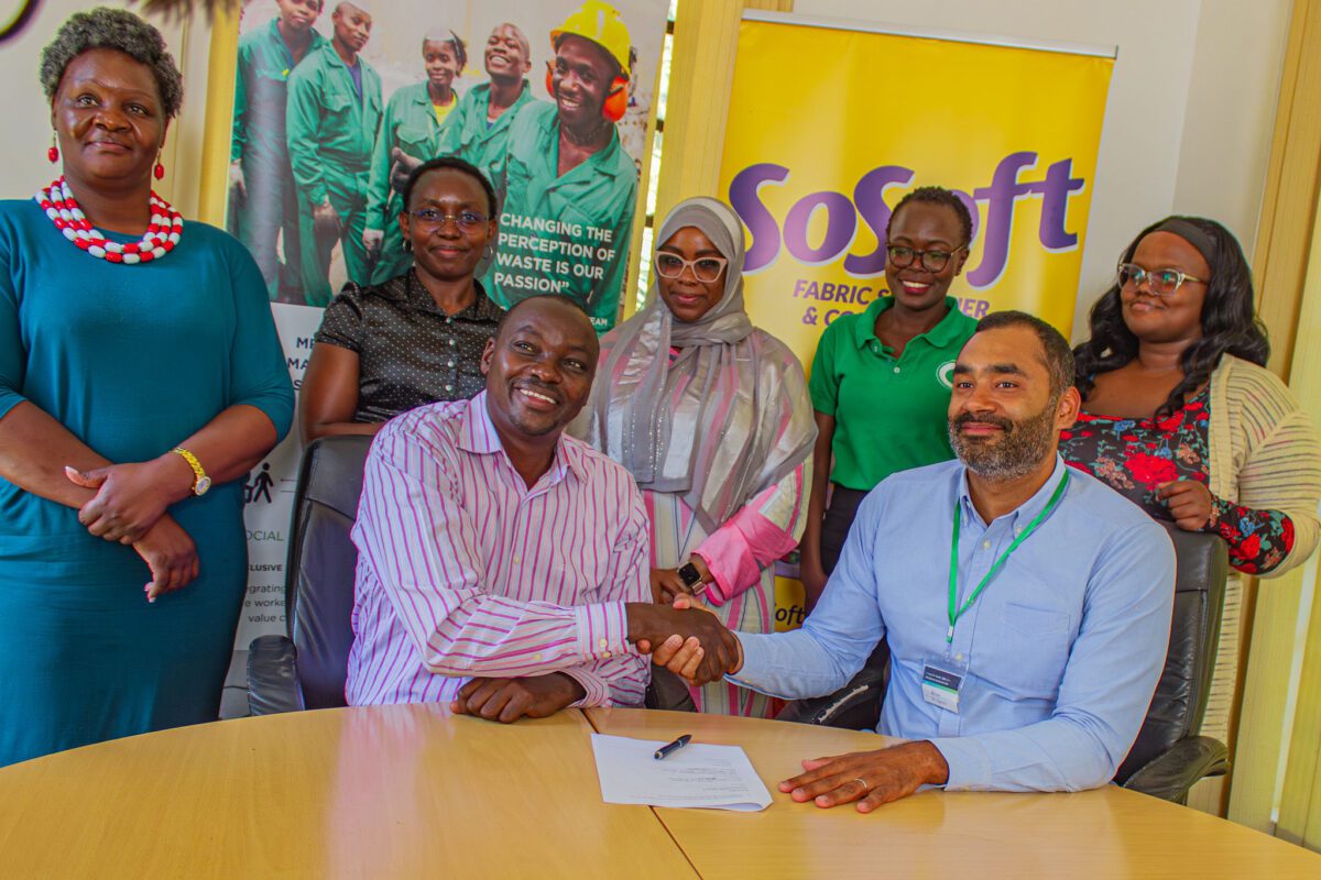 Peter Ndichu, Manufacturing Director HACO Industries (L) shaking hands with Mr. Keiran Smith, CEO Mr. Green Africa (R) after the MoU signing at HACO Kasarani Offices.