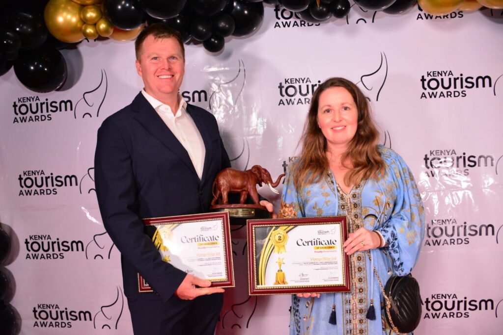 Alex Horsey CEO of Vipingo Ridge(left) and Finny Horsey, Business Development and Marketing Manager, Vipingo Ridge receive two awards at the Kenya Tourism Awards 2025. Vipingo Ridge was named Best Golf Resort for the second consecutive year and emerged runner-up in the Best Conference Hotel category.