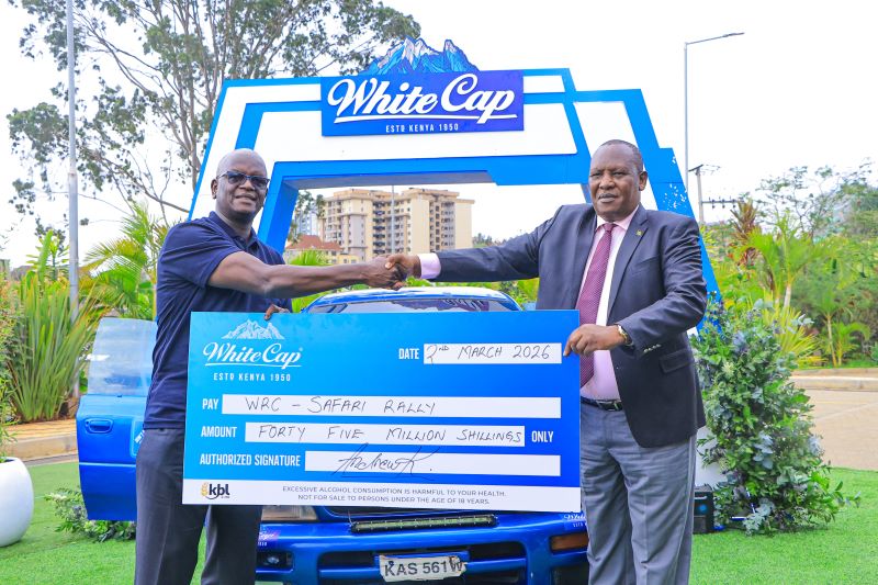 KBL Managing Director Andrew Kilonzo (L) presents White Cap’s sponsorship for the 2026 WRC Safari Rally Championship Ministry of Sports Representative Kipchumba Rutto
